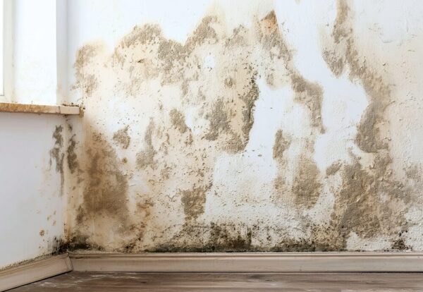 Manchas de humedad y moho en pared interior antes de aplicar tratamiento