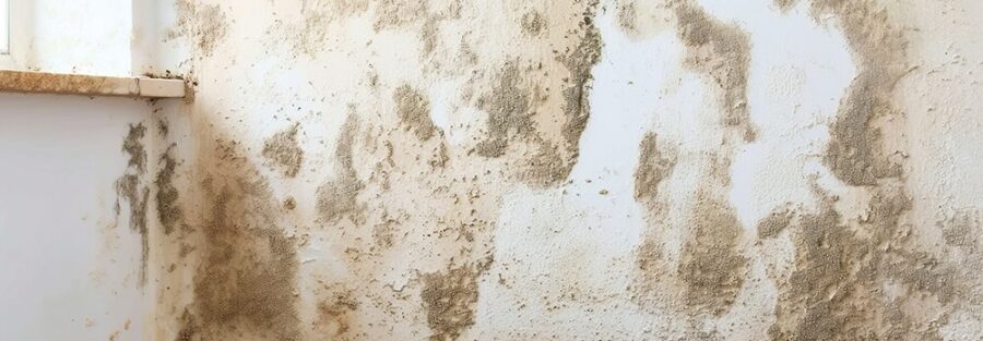 Manchas de humedad y moho en pared interior antes de aplicar tratamiento